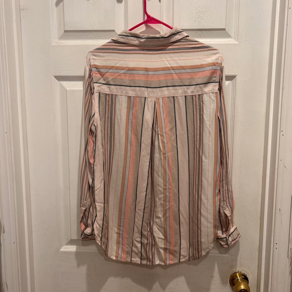 Beachlunchlounge Striped Button Down Shirt Womens Medium Peach Pink Tan Rayon - Picture 6 of 6